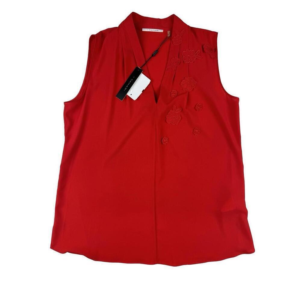 T Tahari Sleeveless V-Neck Floral Detail Blouse Red Size S